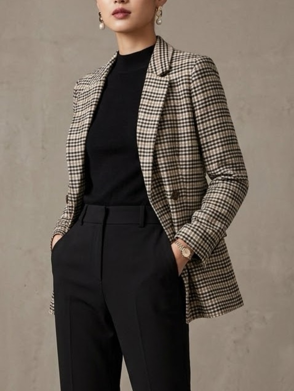 Love Tree Womens Plaid Double Breasted Blazer Black Tan Size S 80051JY